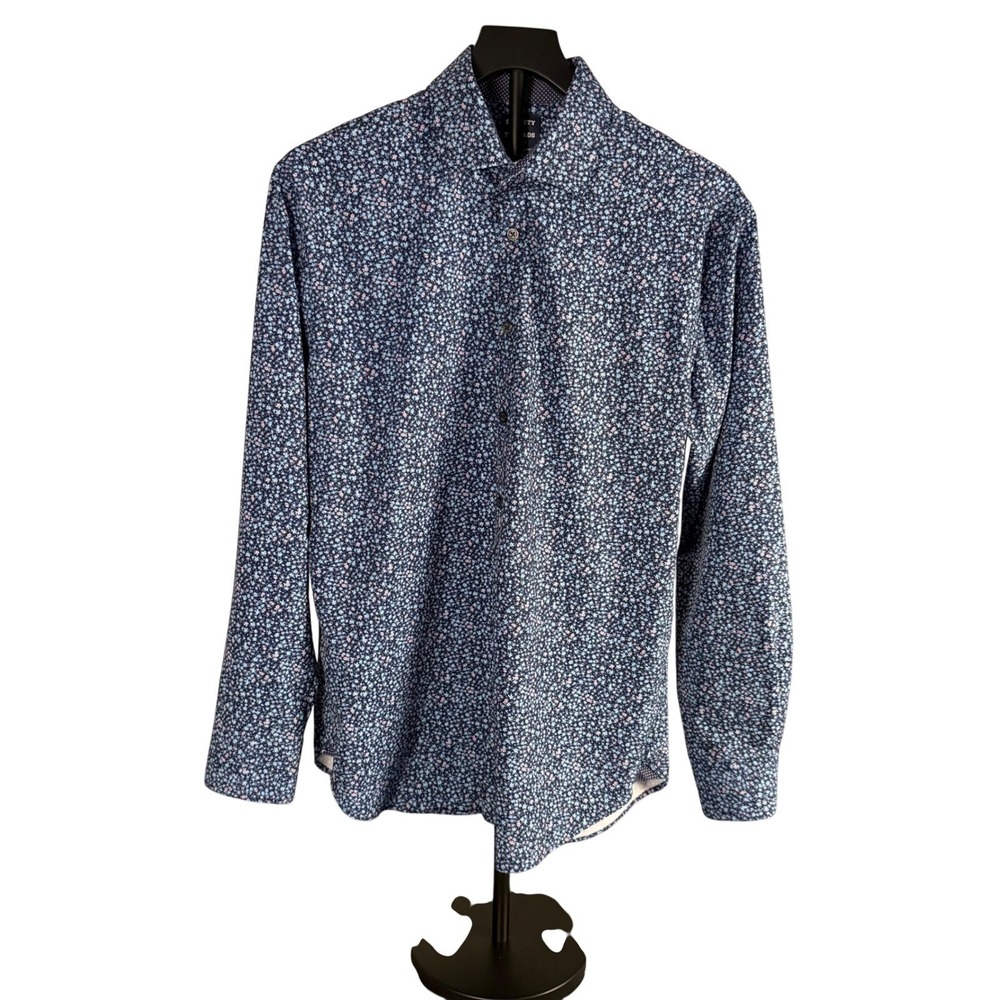 Society of Threads Mens Medium Slim Fit Floral Button Down Shirt Blue No Iron